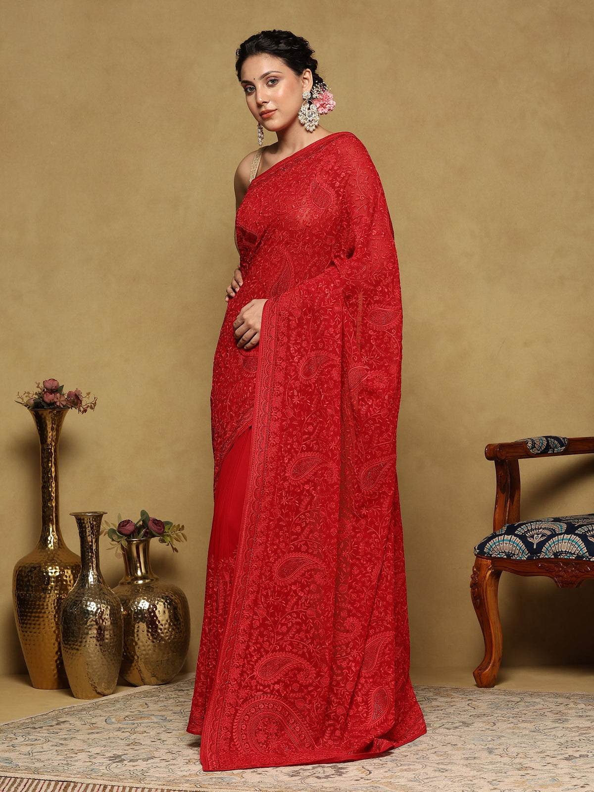 Red Embroidered Georgette Saree