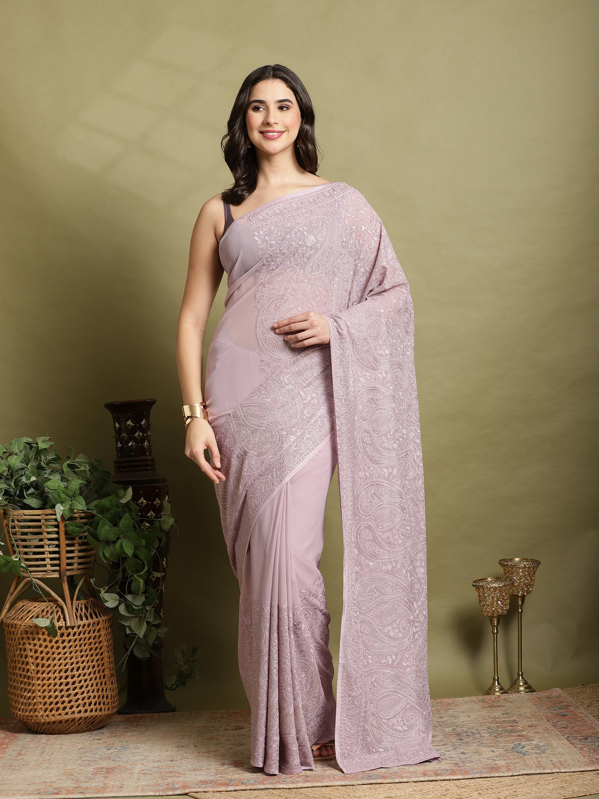 Lavender Embroidered Georgette Saree