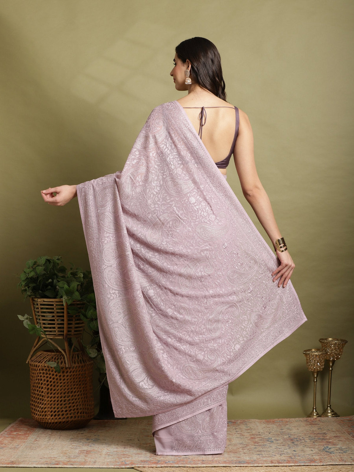 Lavender Embroidered Georgette Saree