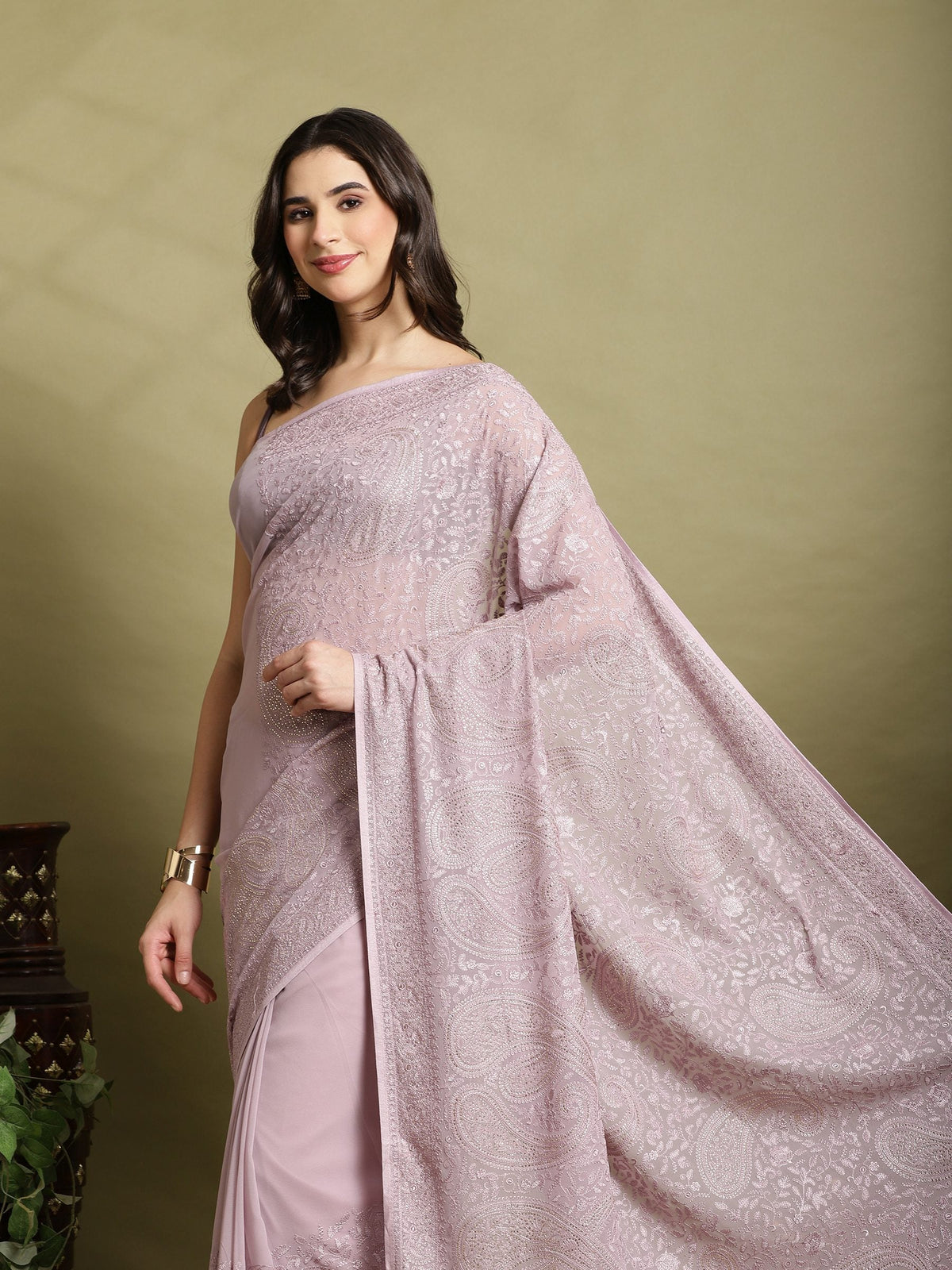 Lavender Embroidered Georgette Saree