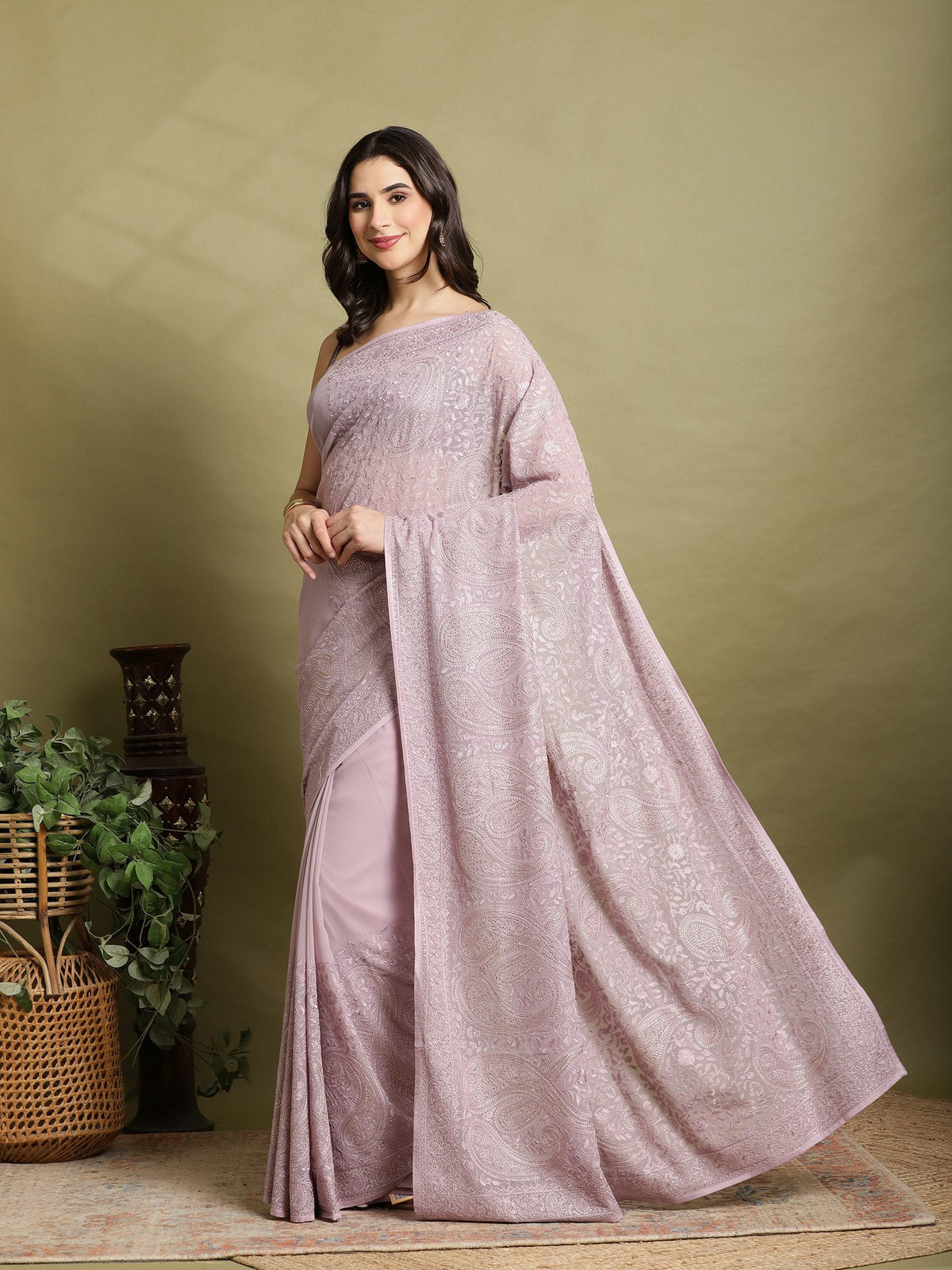 Lavender Embroidered Georgette Saree