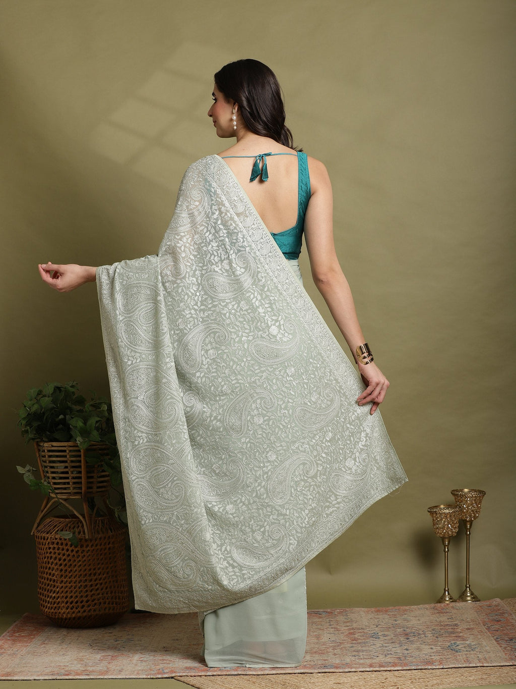 Sea Green Embroidered Georgette Saree
