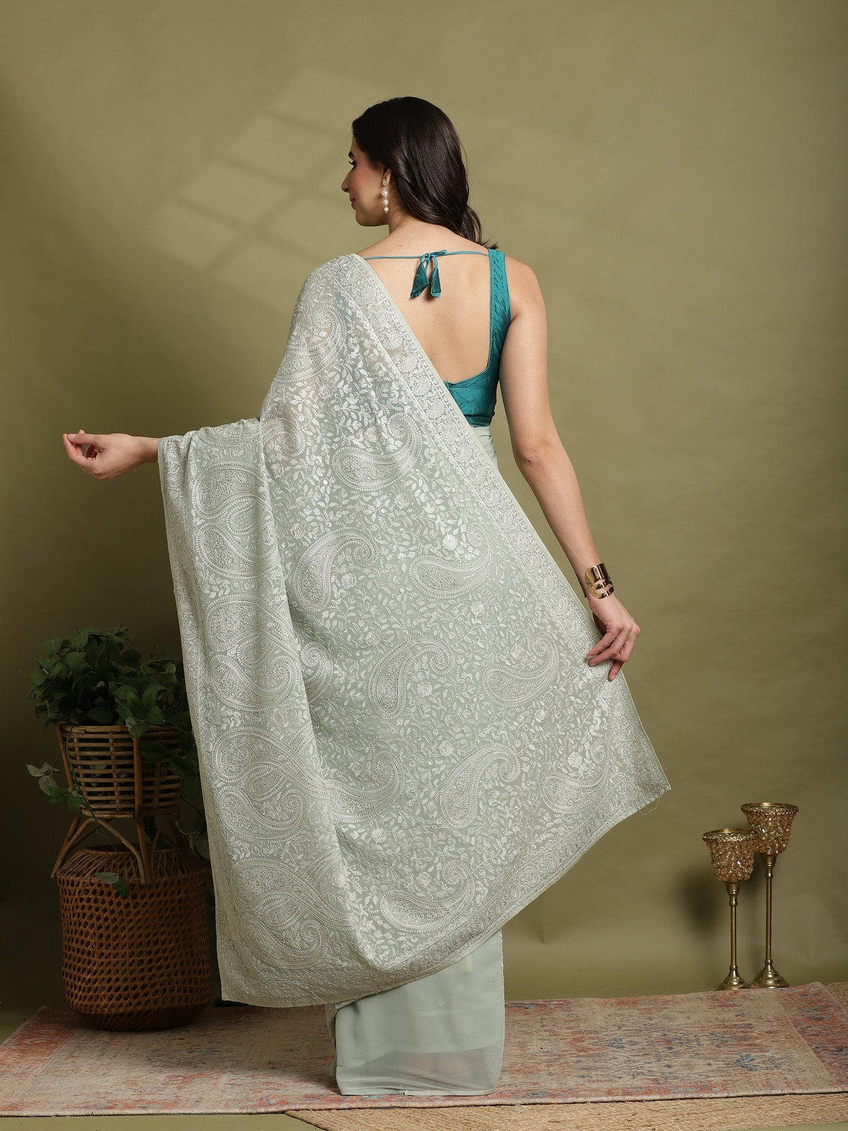 Sea Green Embroidered Georgette Saree