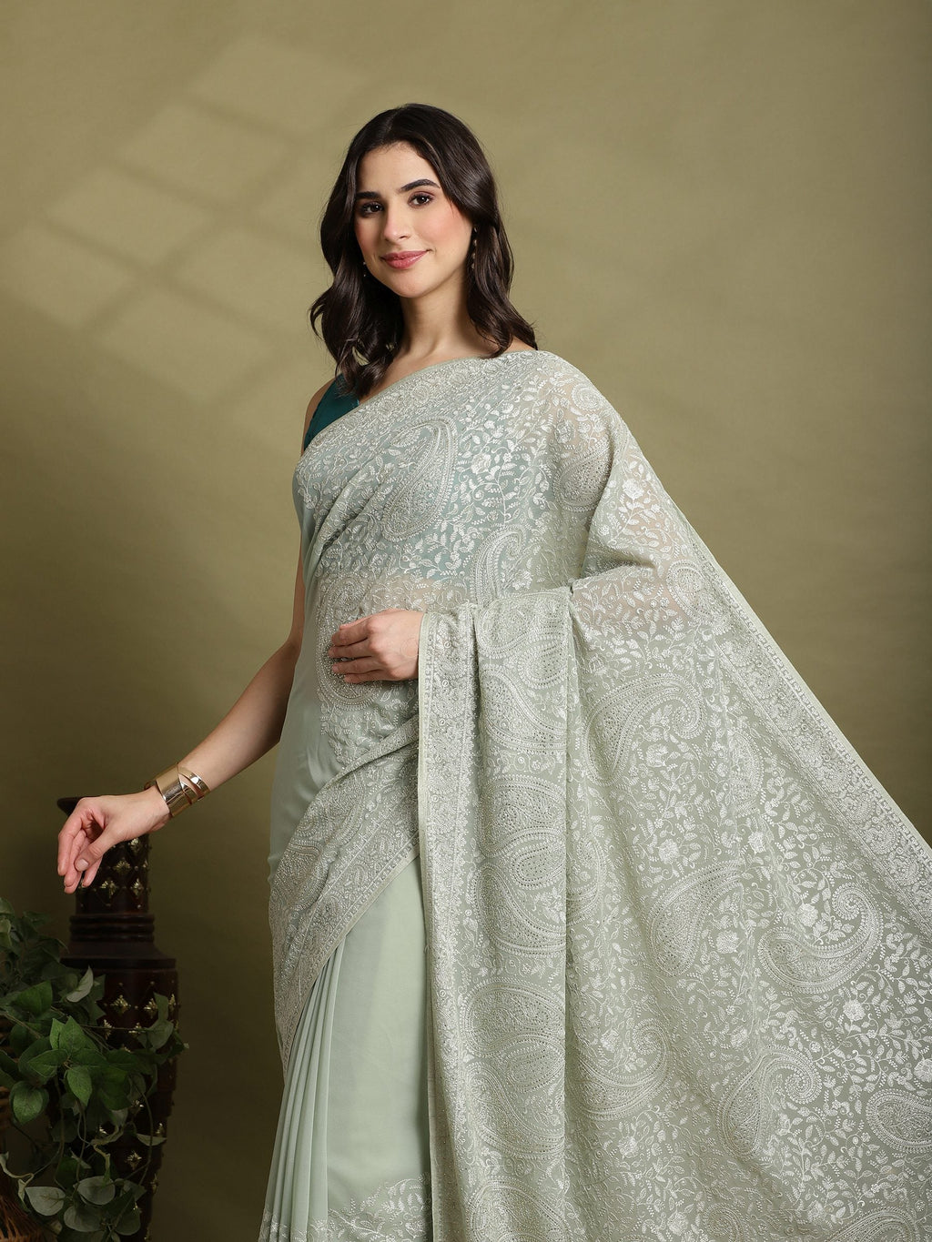 Sea Green Embroidered Georgette Saree
