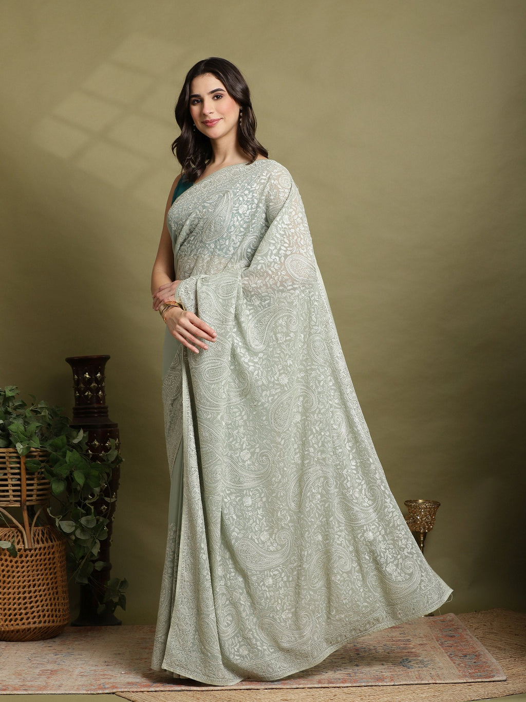 Sea Green Embroidered Georgette Saree