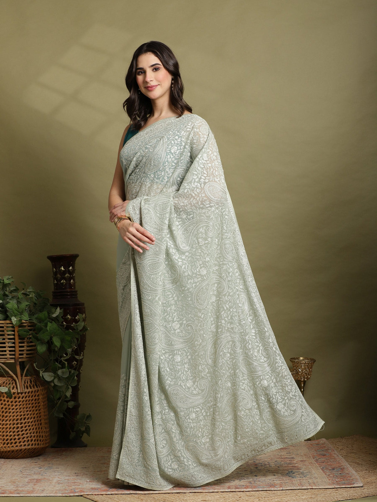 Sea Green Embroidered Georgette Saree