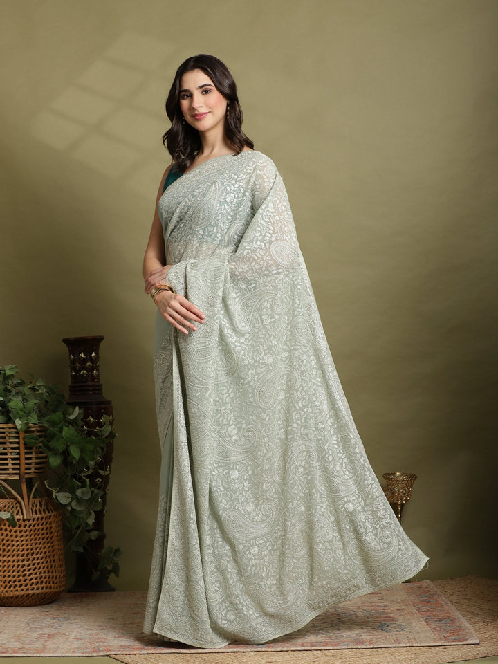 Sea Green Embroidered Georgette Saree