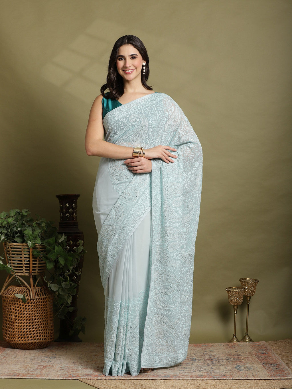 Sky Blue Embroidered Georgette Saree