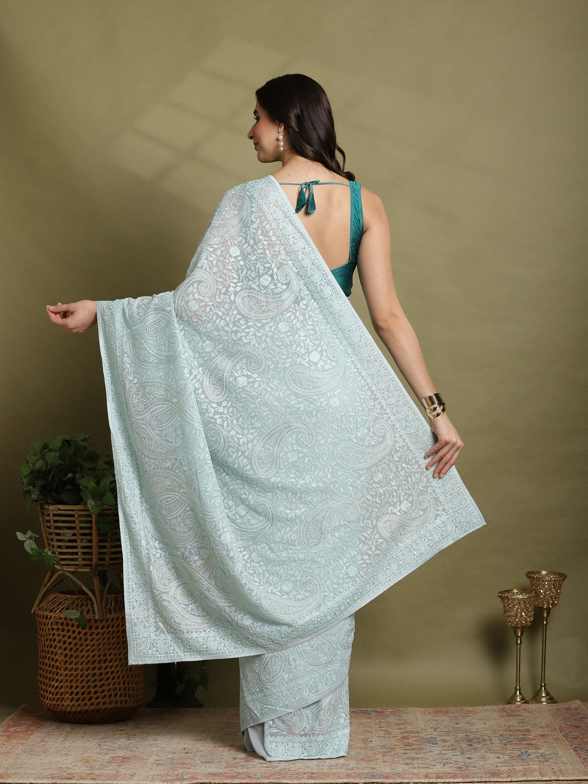Sky Blue Embroidered Georgette Saree
