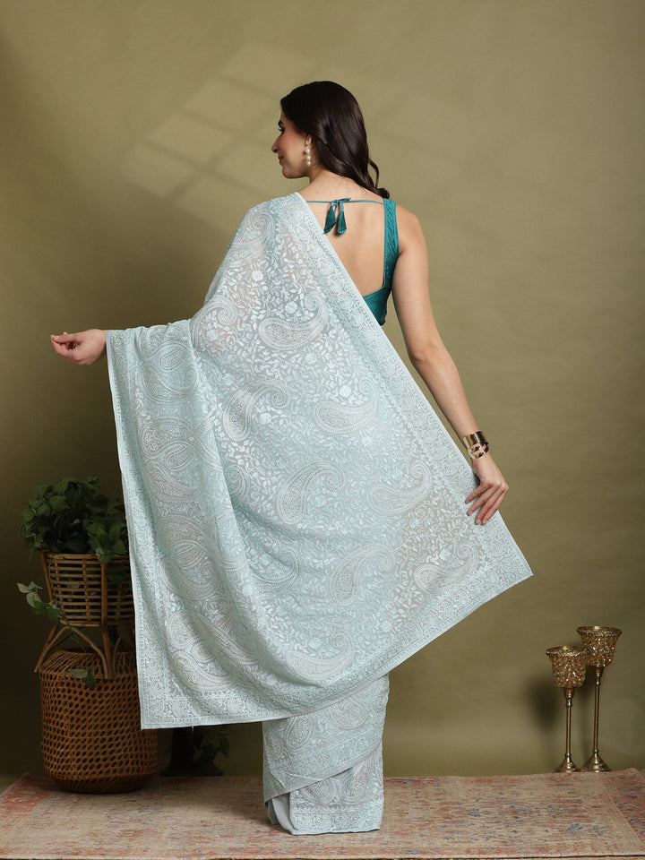 Sky Blue Embroidered Georgette Saree