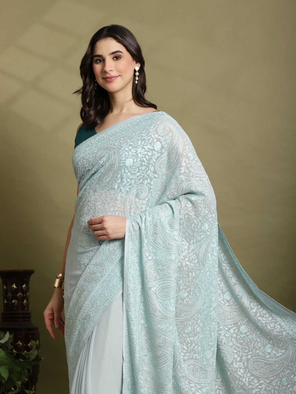 Sky Blue Embroidered Georgette Saree