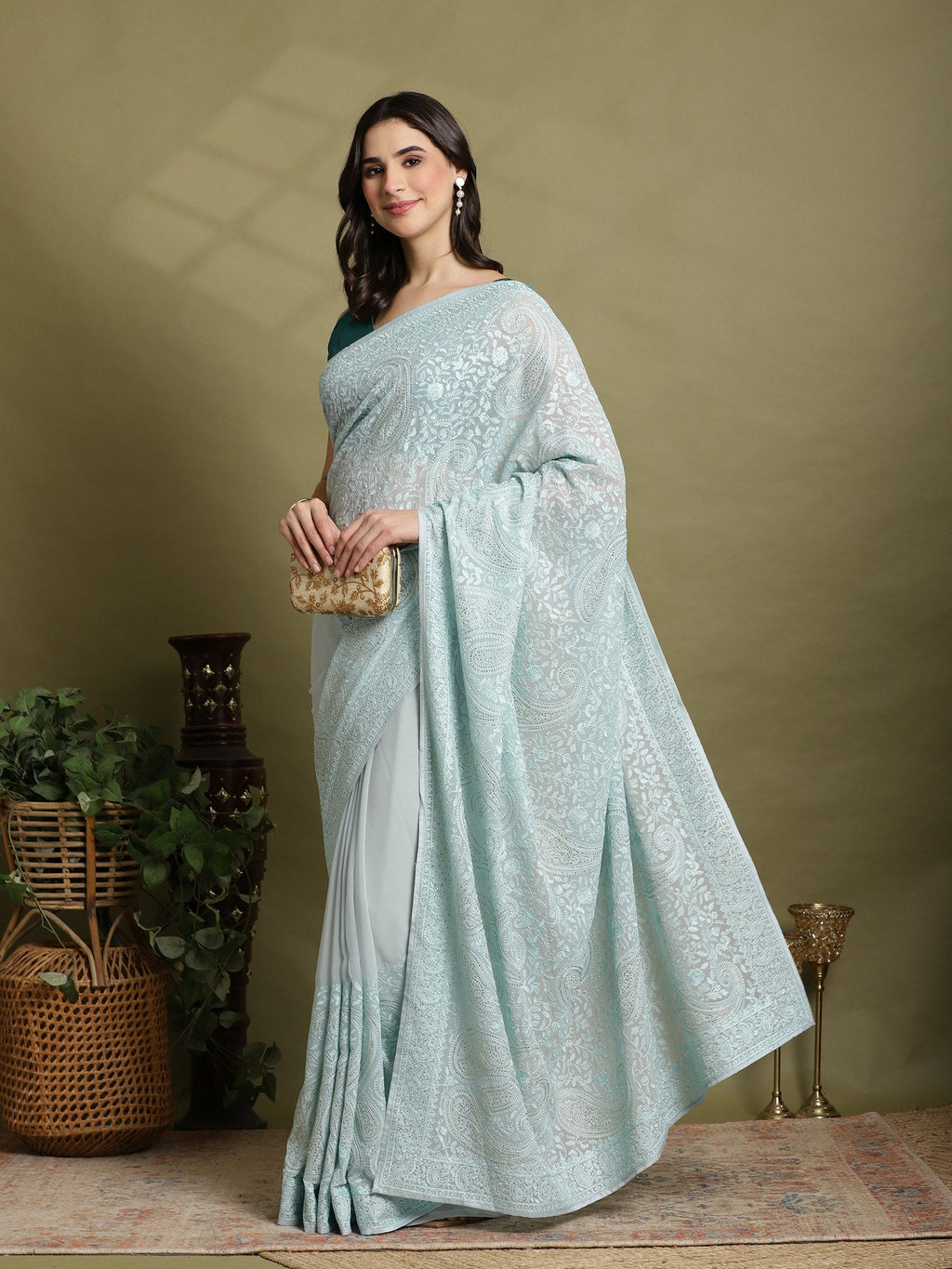 Sky Blue Embroidered Georgette Saree