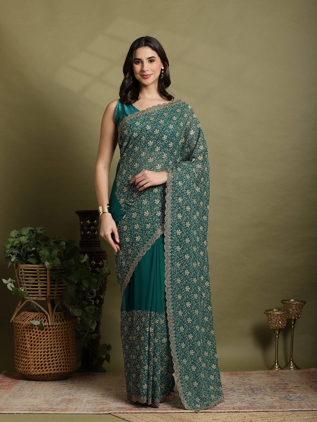 Green Embroidered Georgette Saree