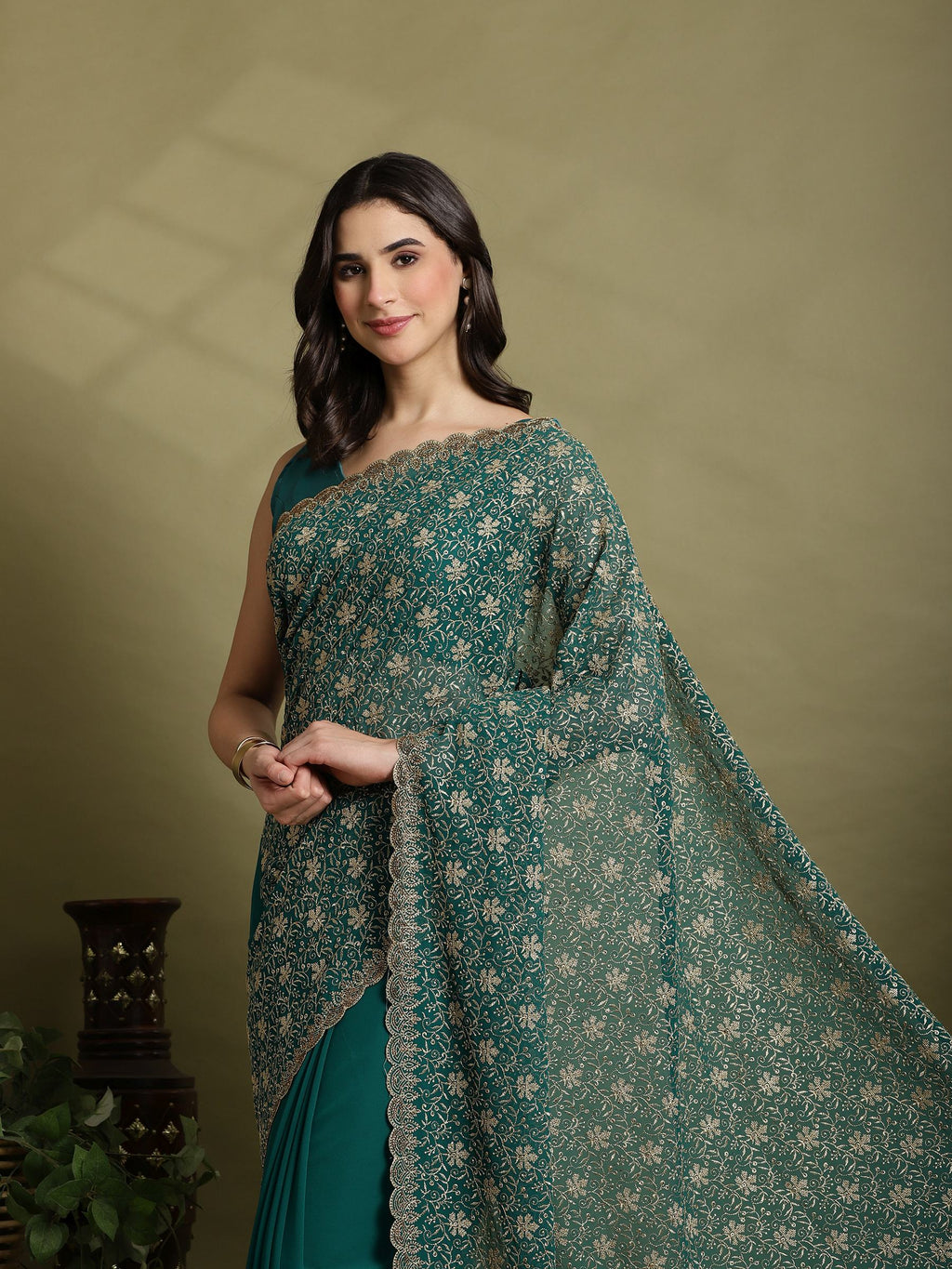 Green Embroidered Georgette Saree