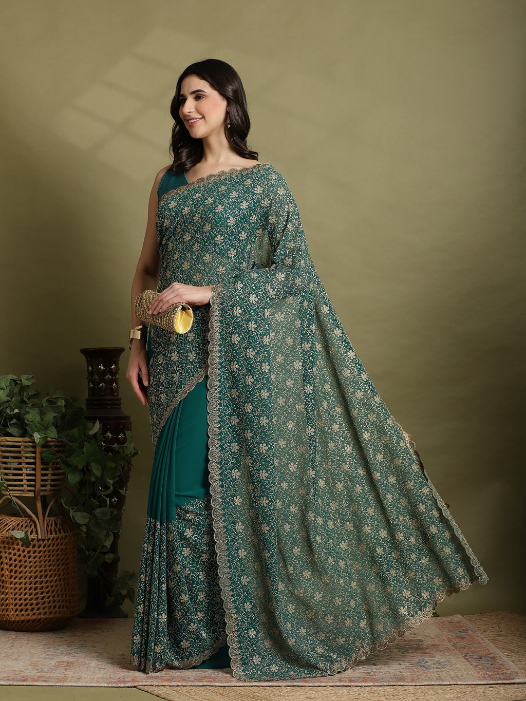 Green Embroidered Georgette Saree