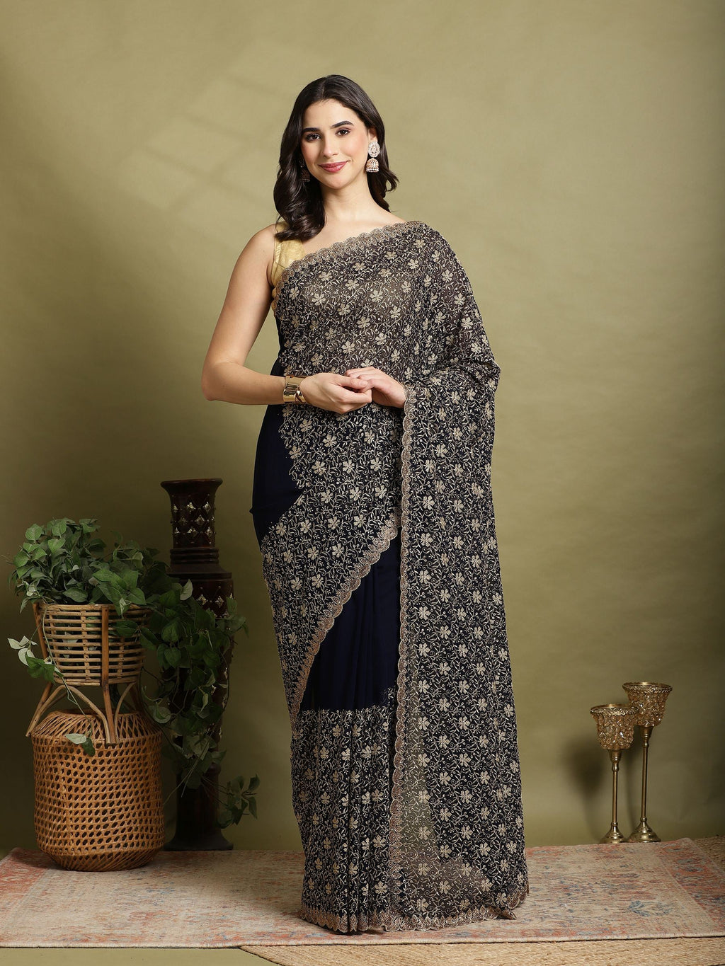 Navy Blue Embroidered Georgette Saree