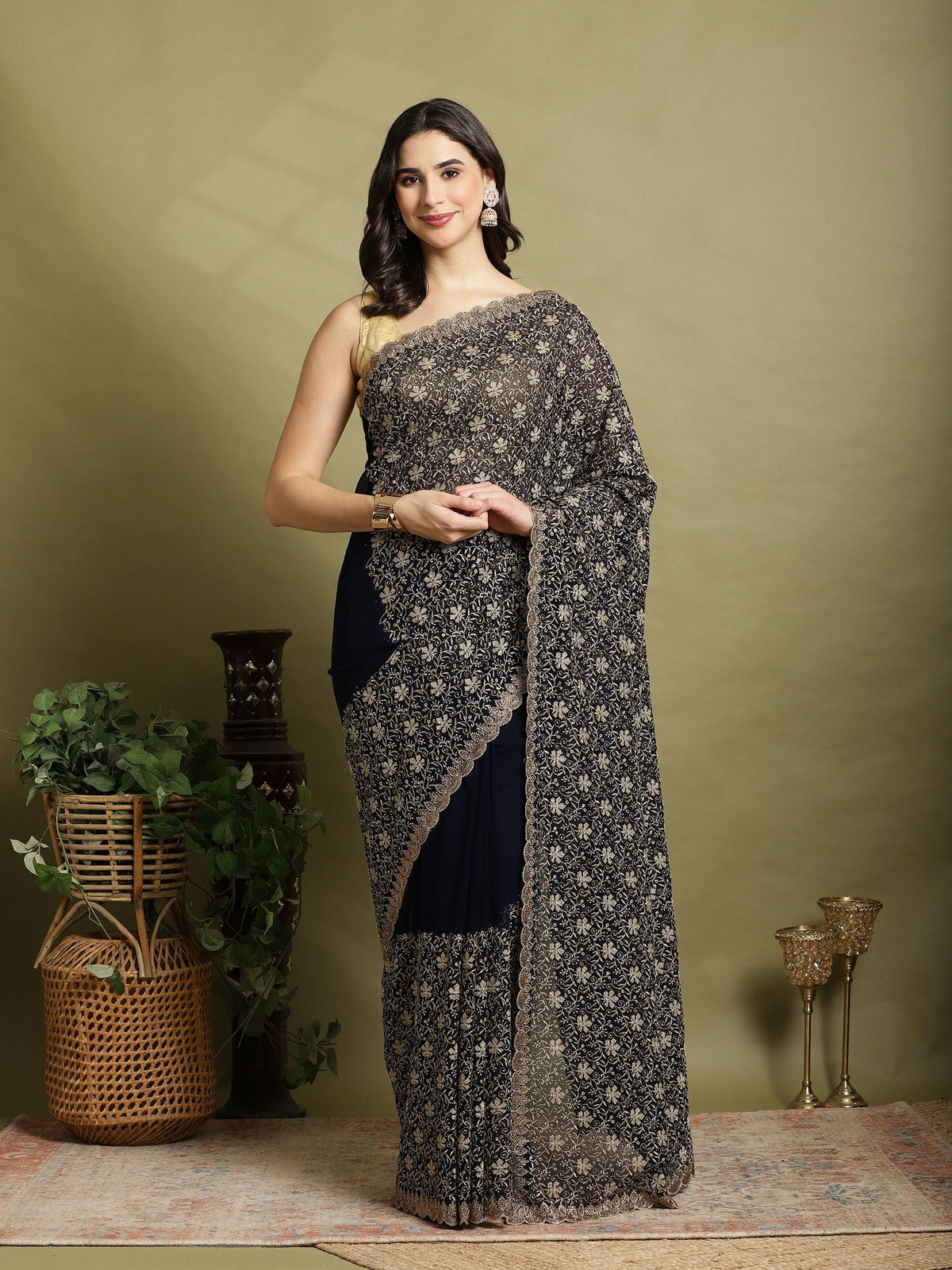Navy Blue Embroidered Georgette Saree