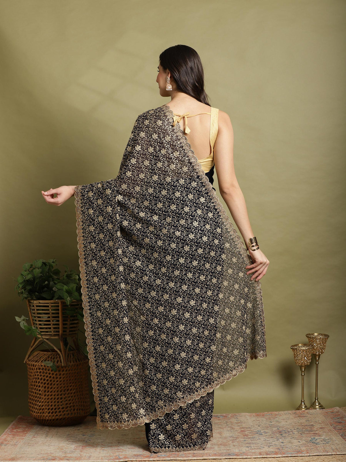 Navy Blue Embroidered Georgette Saree