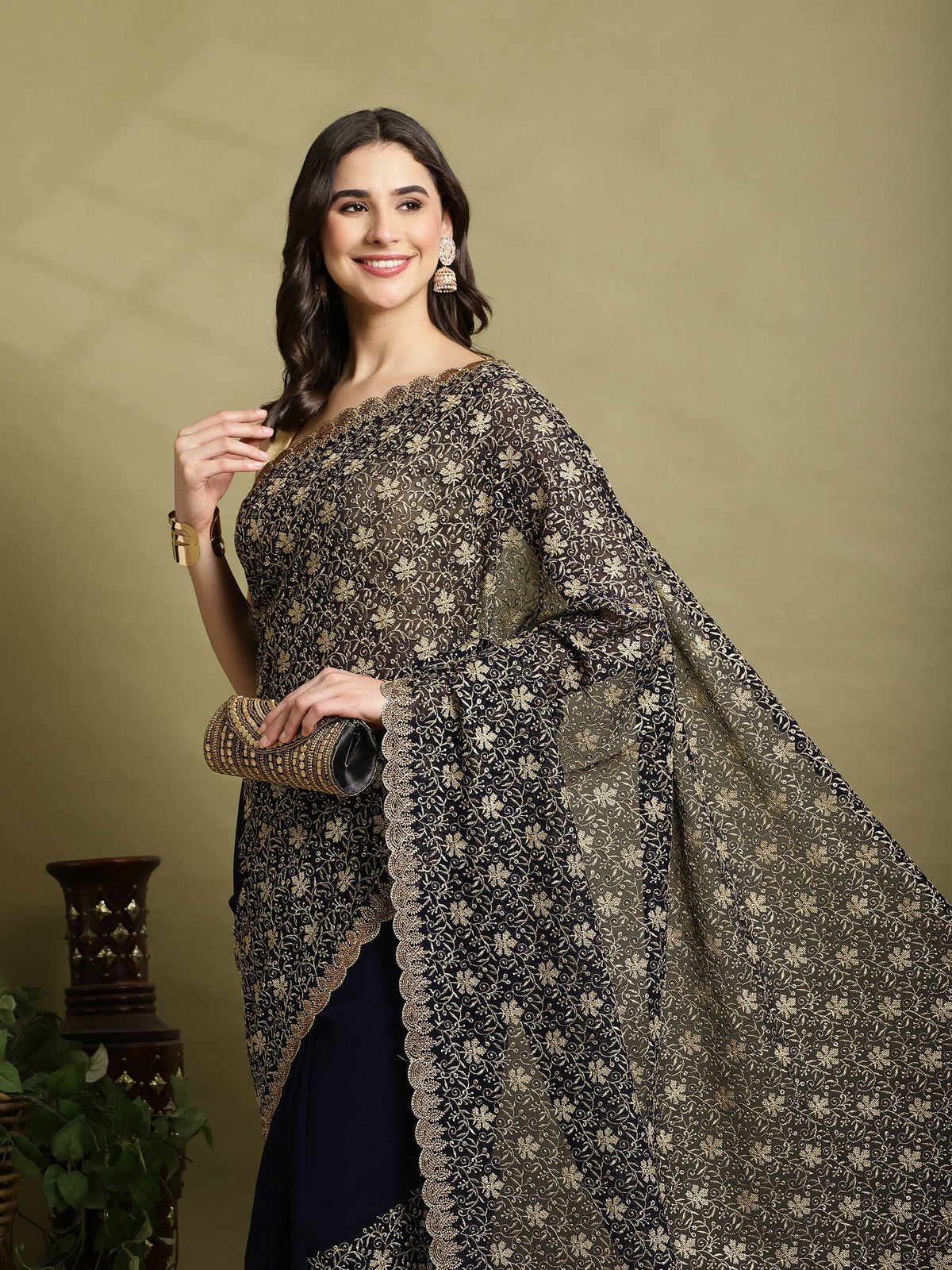 Navy Blue Embroidered Georgette Saree
