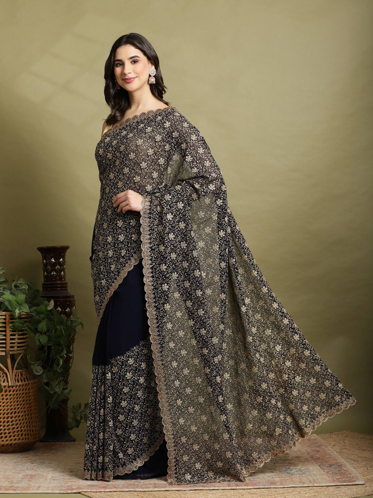Navy Blue Embroidered Georgette Saree