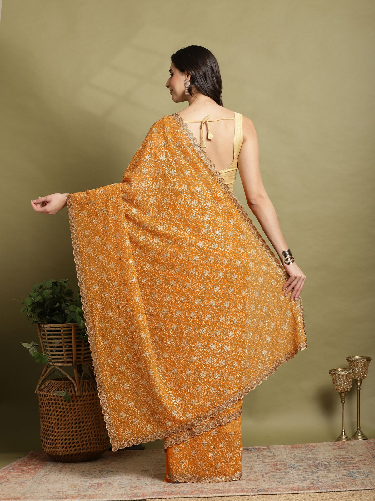 Orange Embroidered Georgette Saree