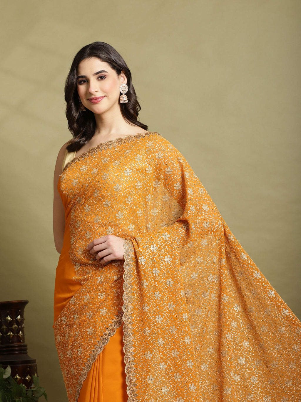 Orange Embroidered Georgette Saree