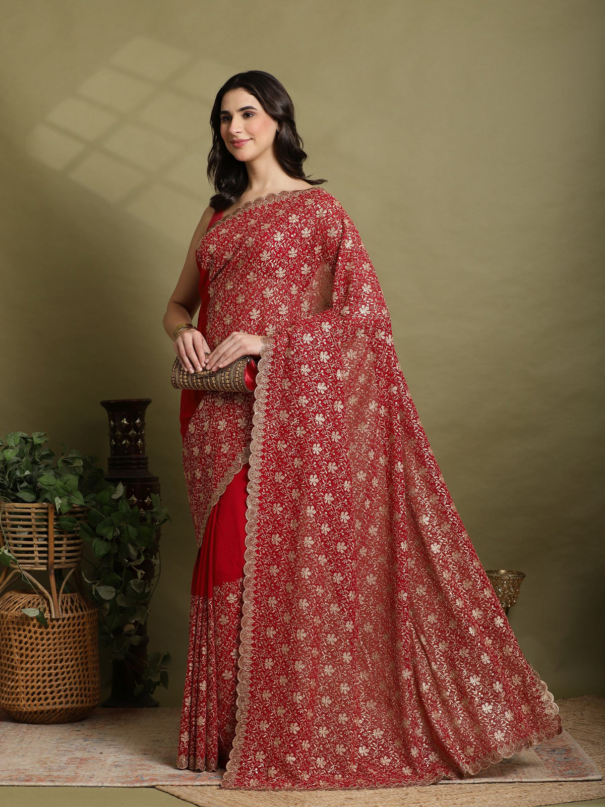 Rani Embroidered Georgette Saree
