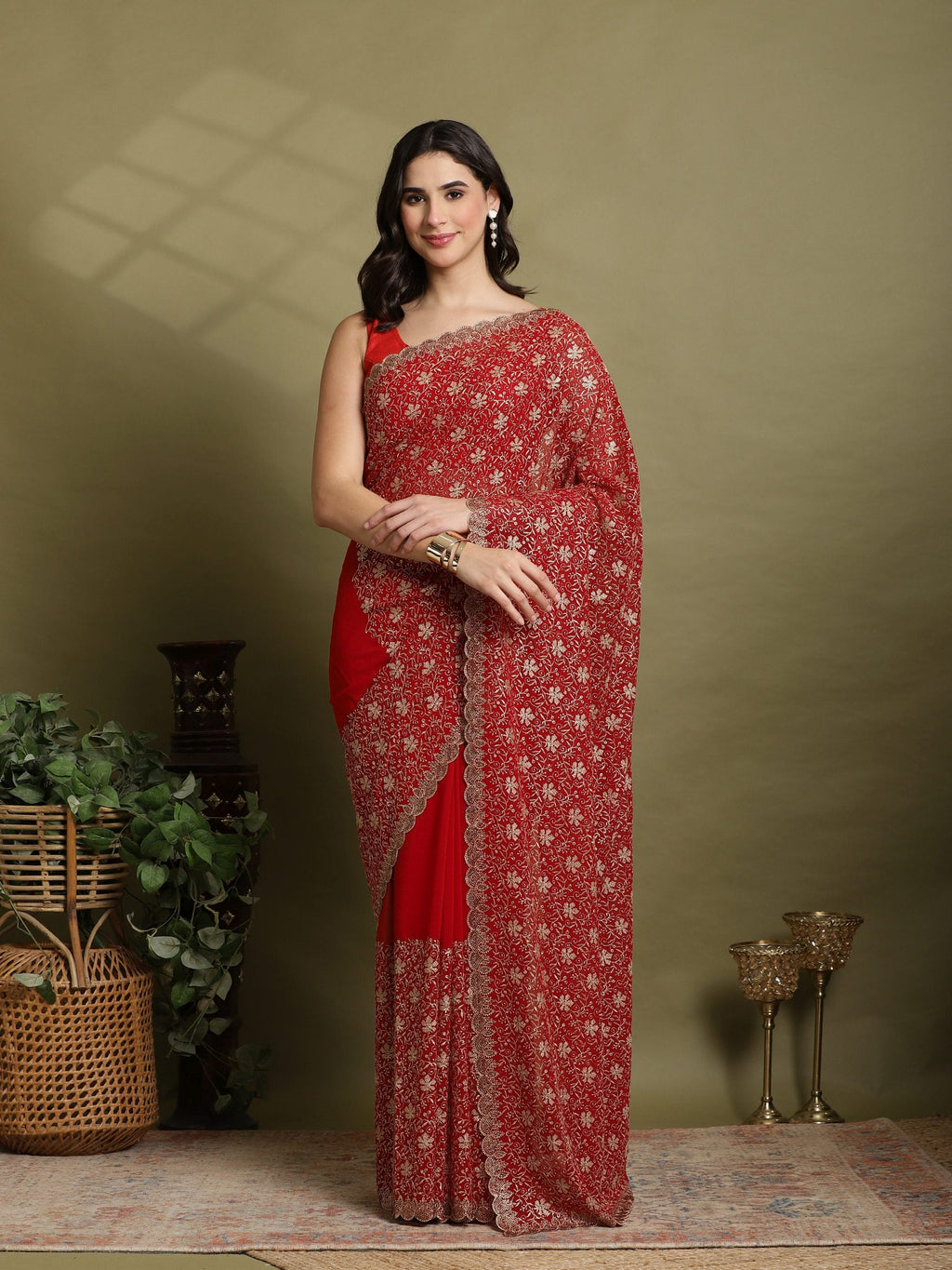 Red Embroidered Georgette Saree