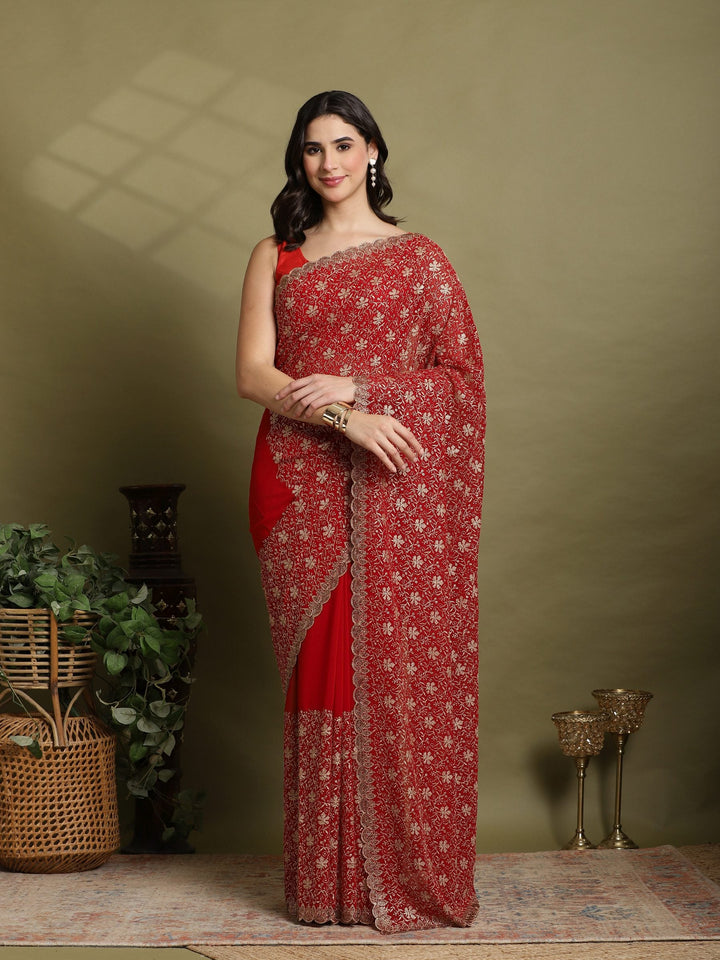 Red Embroidered Georgette Saree