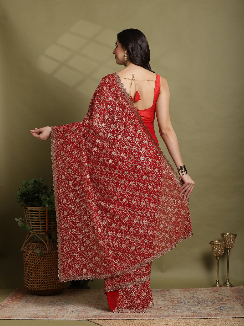 Red Embroidered Georgette Saree