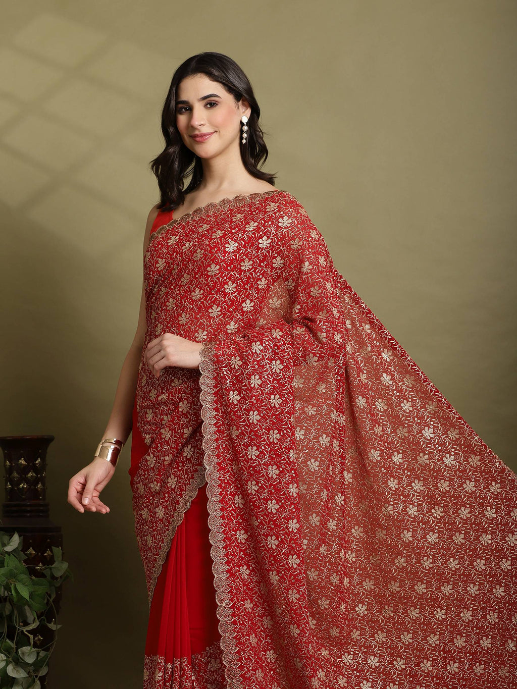 Red Embroidered Georgette Saree
