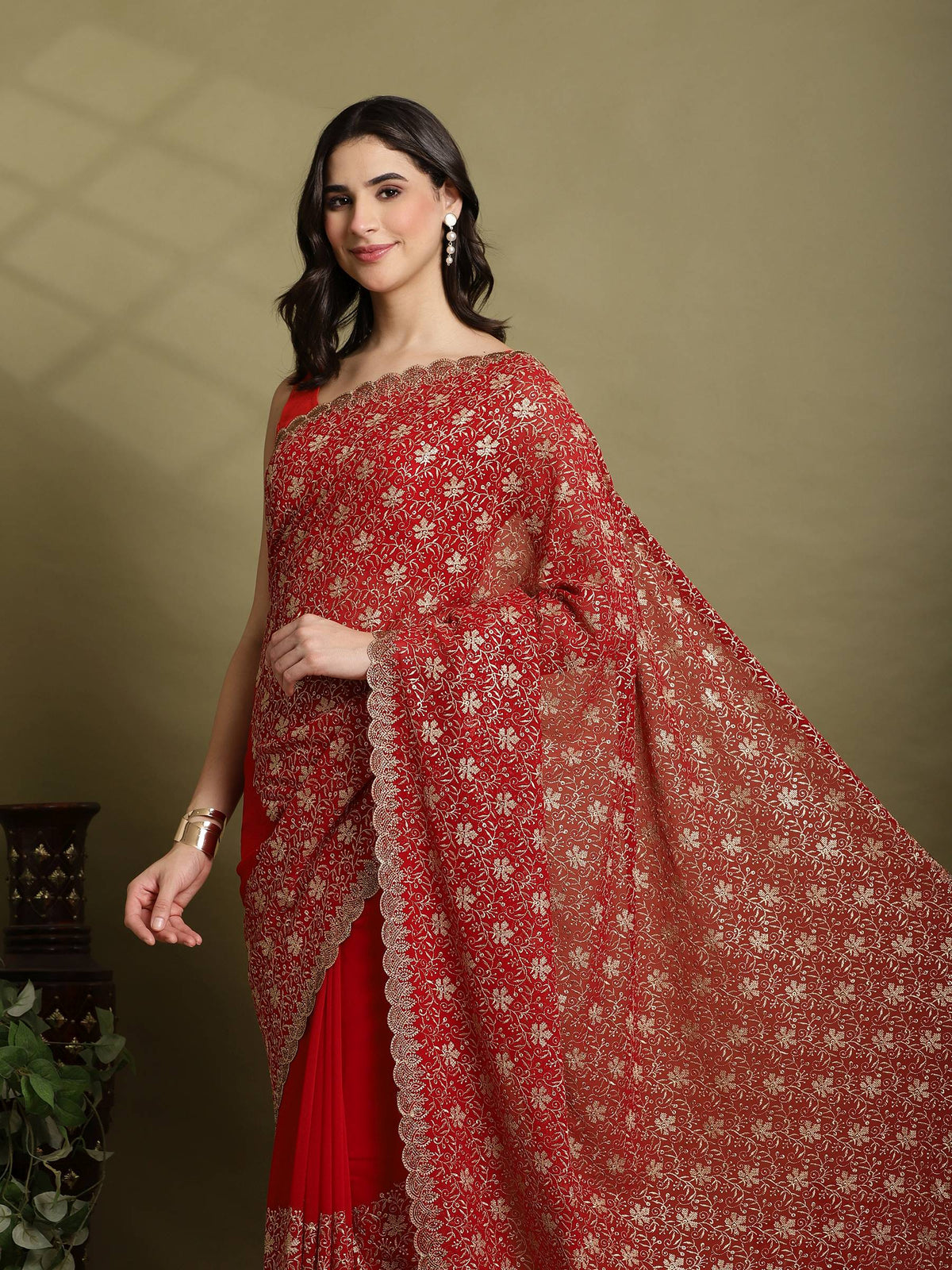 Red Embroidered Georgette Saree