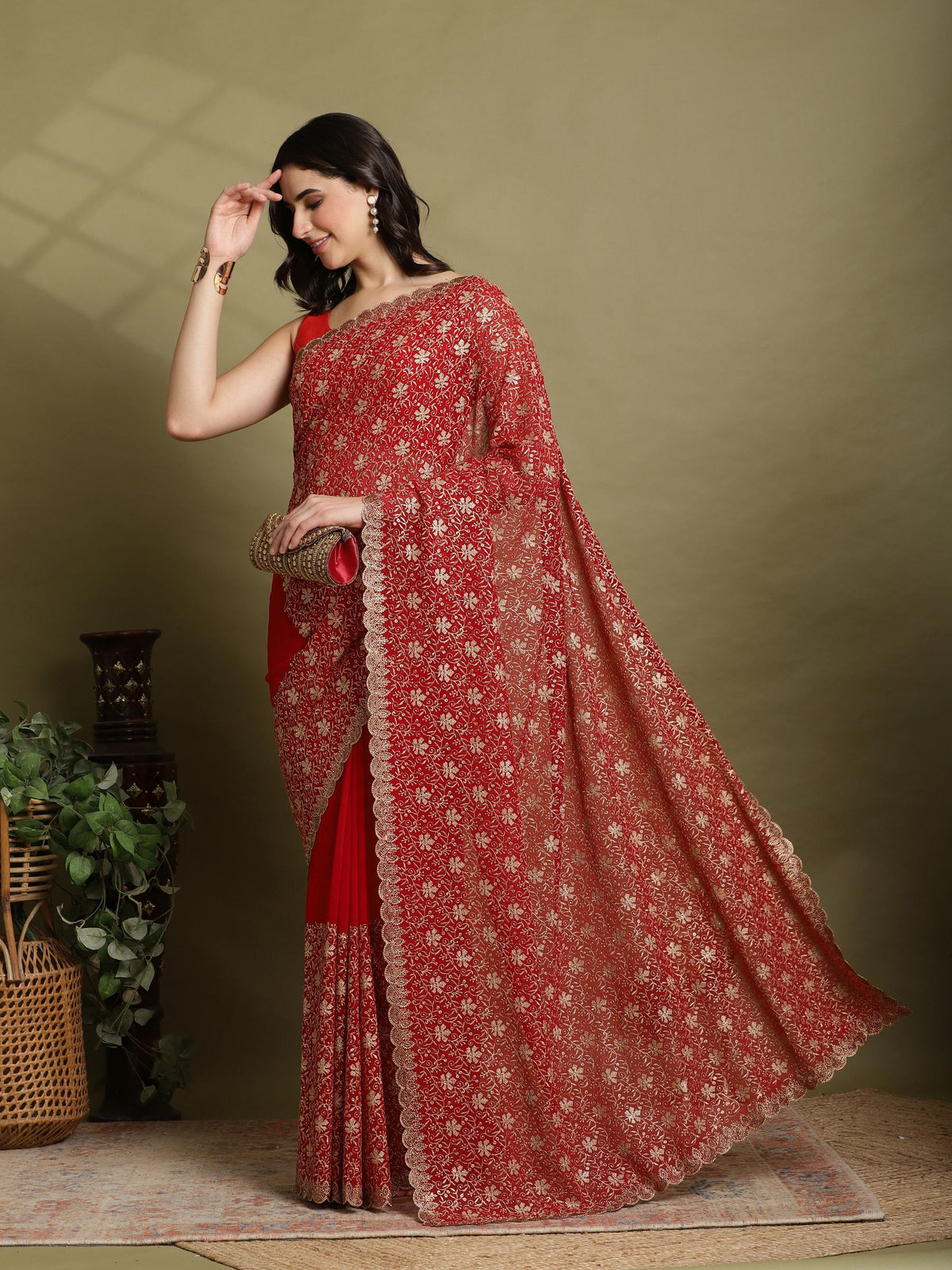 Red Embroidered Georgette Saree