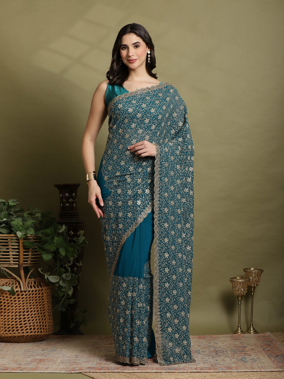 Teal Green Embroidered Georgette Saree