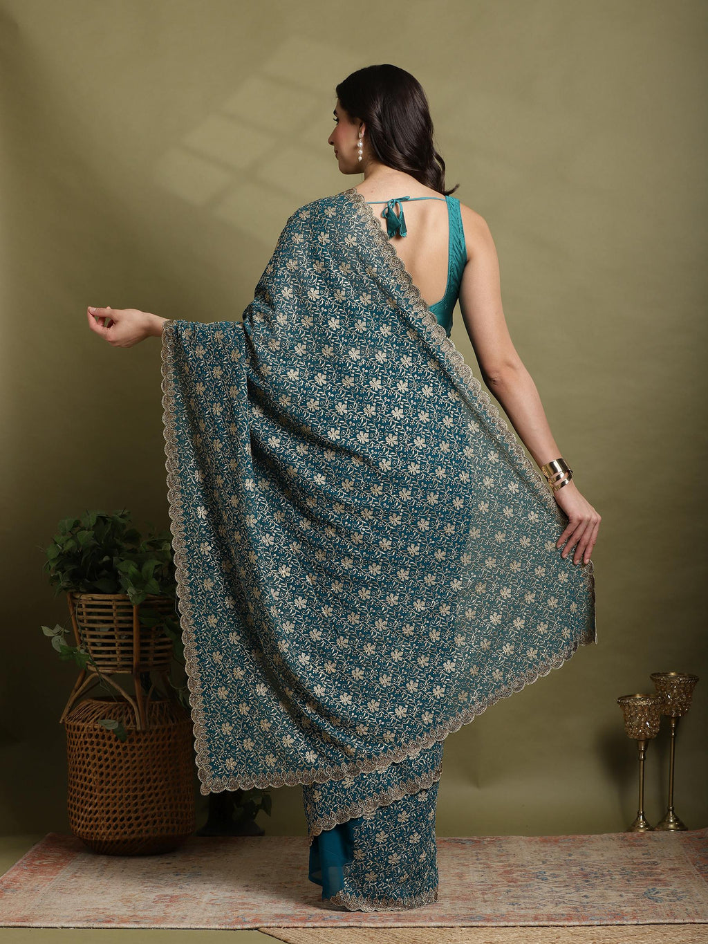 Teal Green Embroidered Georgette Saree