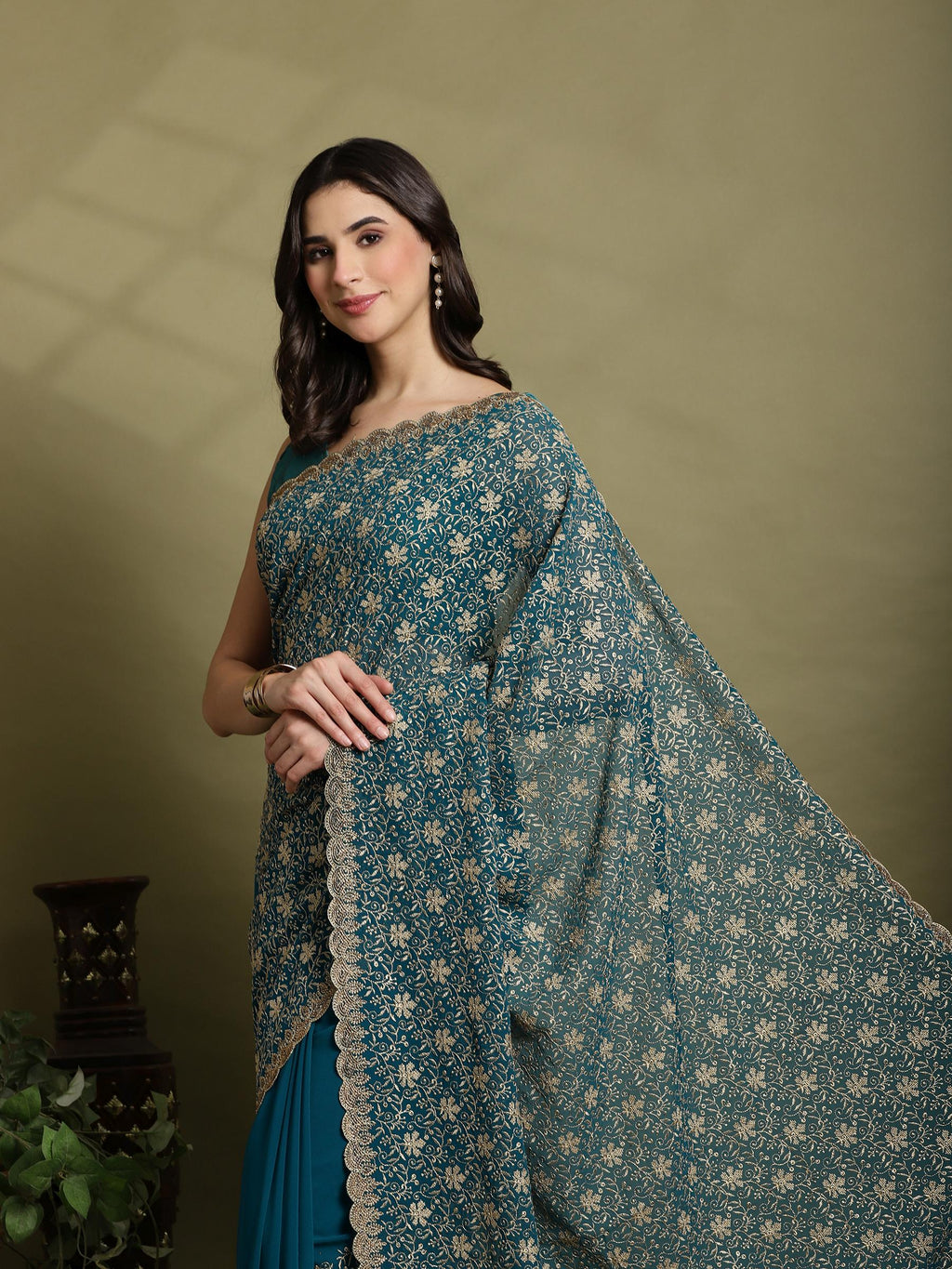 Teal Green Embroidered Georgette Saree