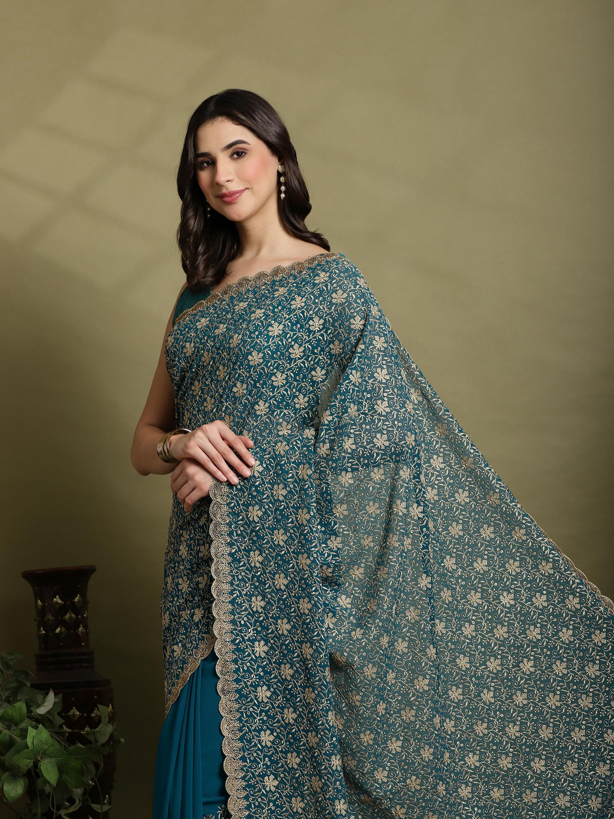 Teal Green Embroidered Georgette Saree
