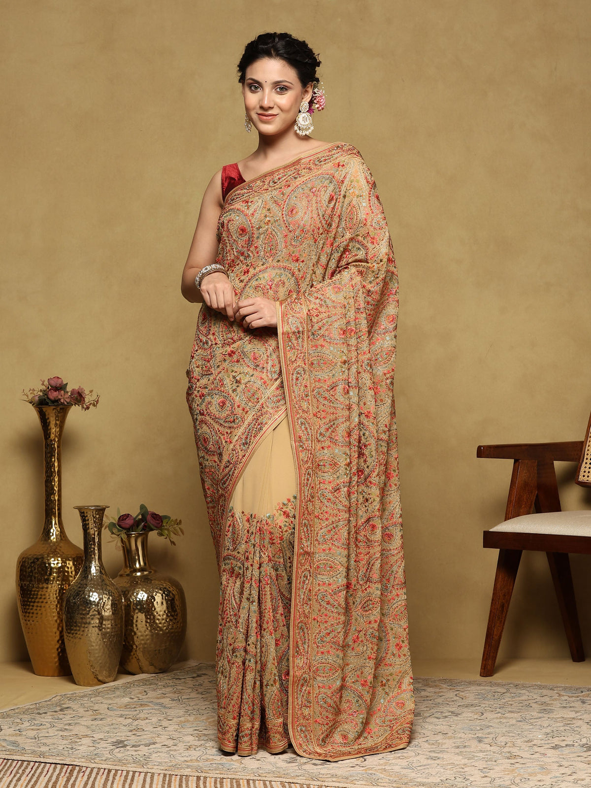 Beige Embroidered Georgette Saree