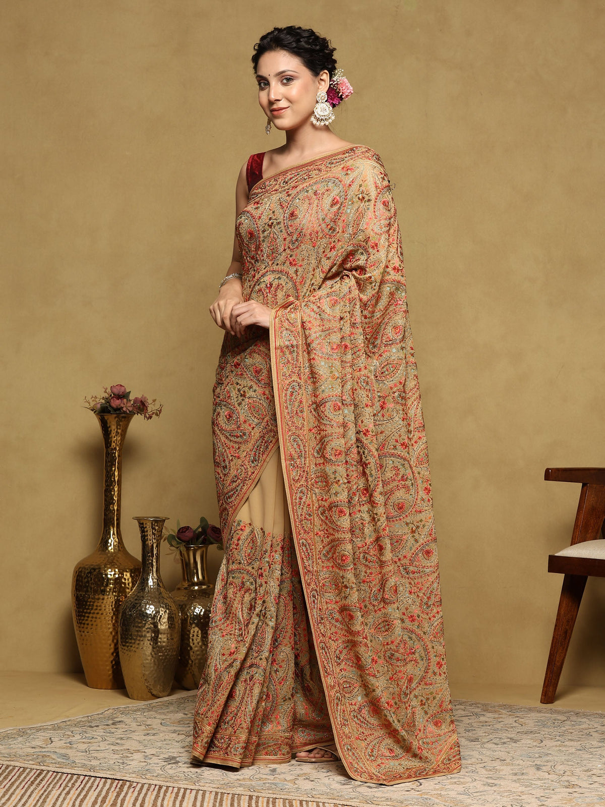 Beige Embroidered Georgette Saree