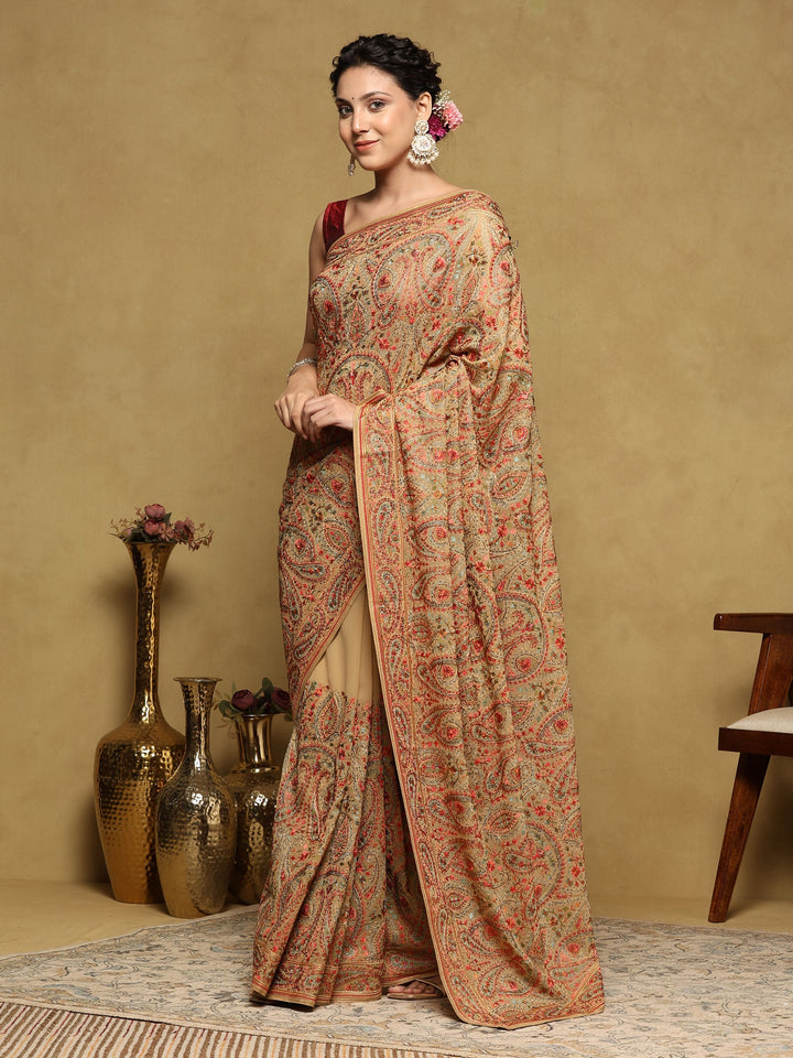Beige Embroidered Georgette Saree
