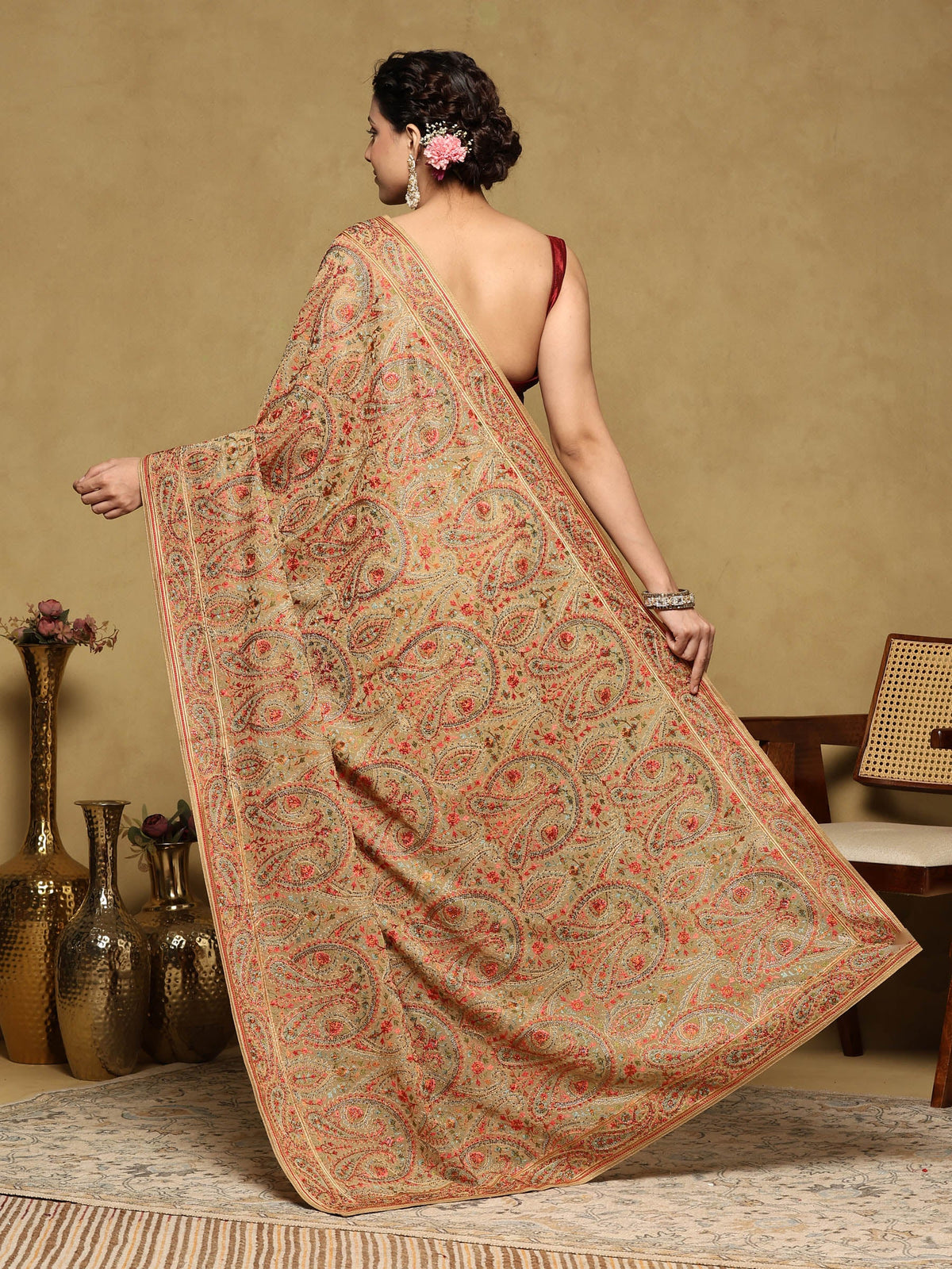 Beige Embroidered Georgette Saree