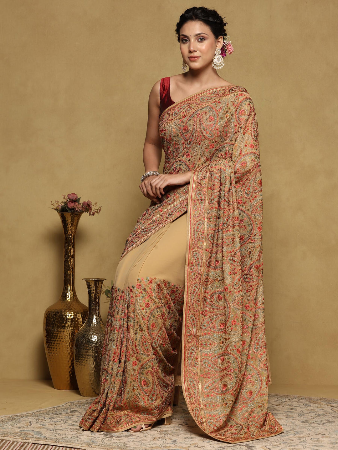 Beige Embroidered Georgette Saree