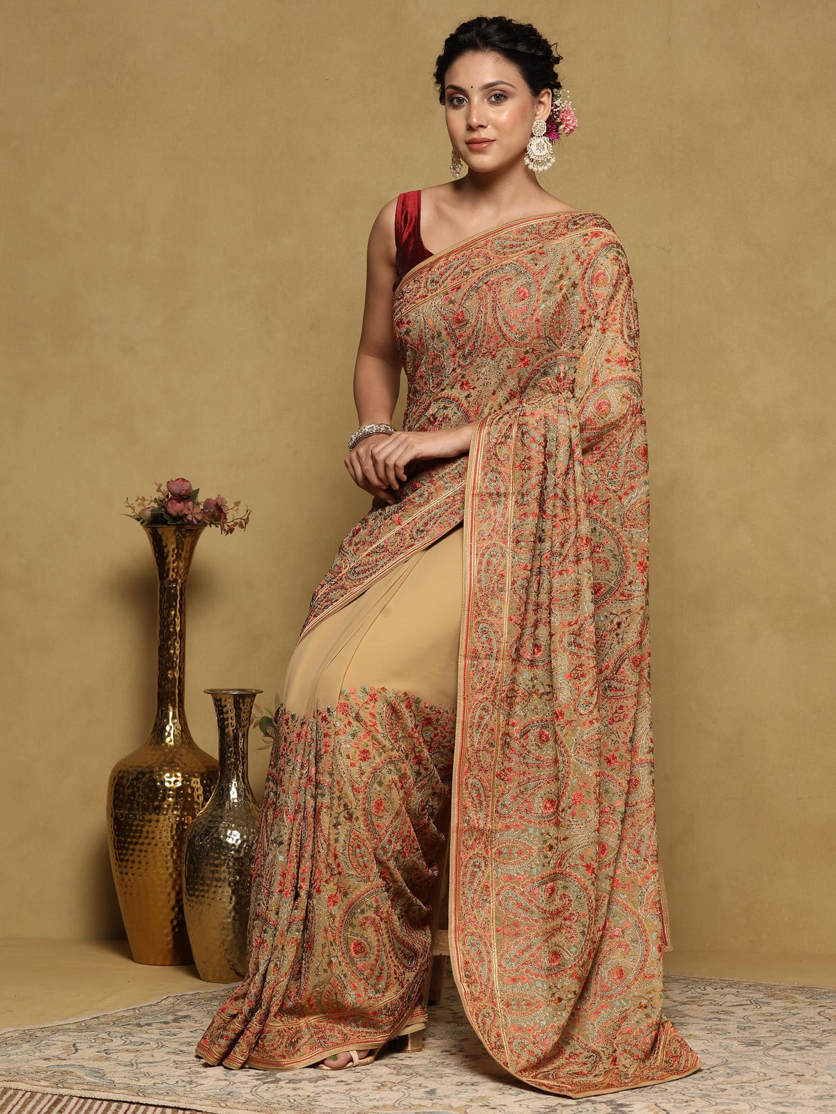 Beige Embroidered Georgette Saree