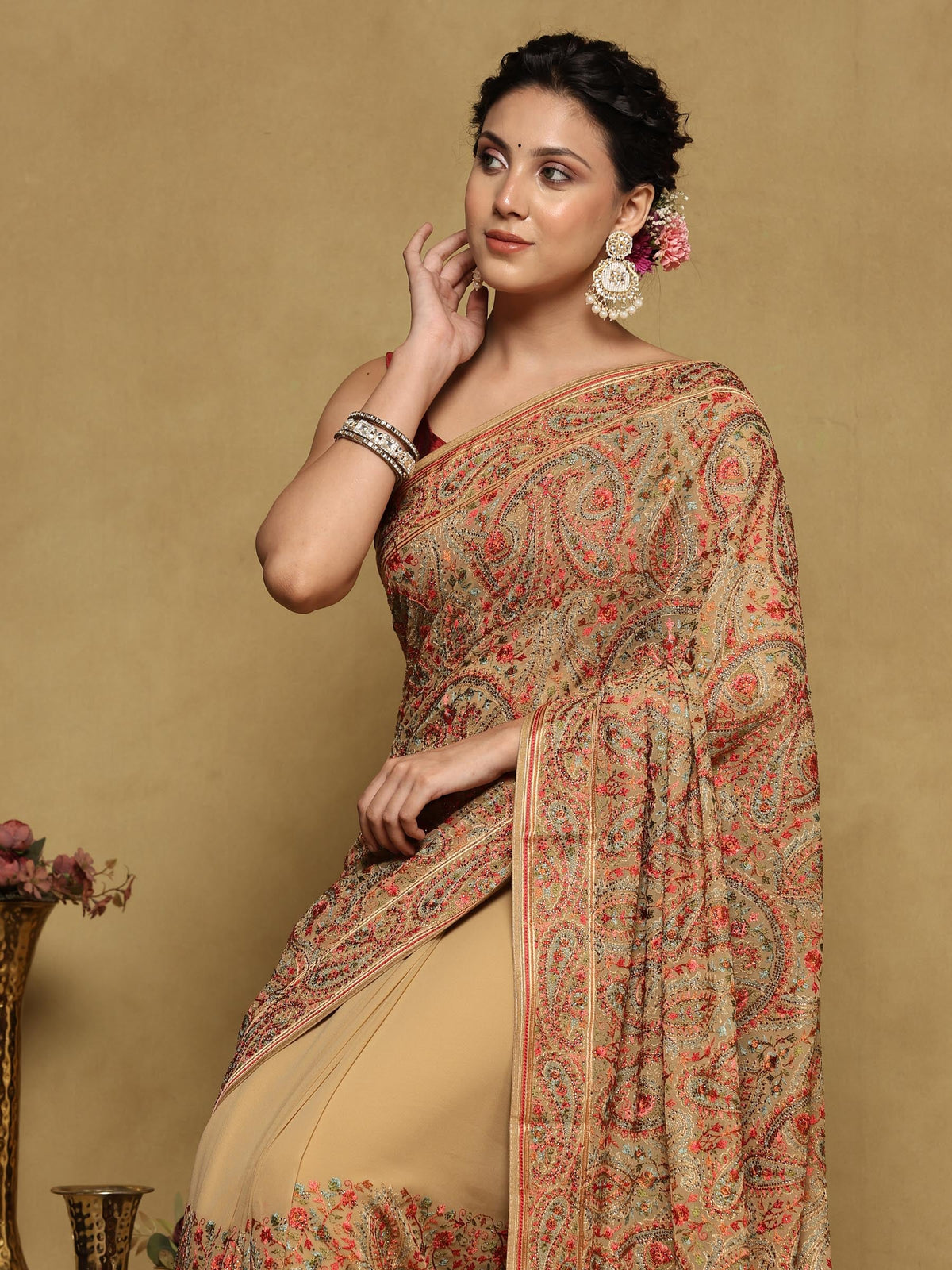 Beige Embroidered Georgette Saree