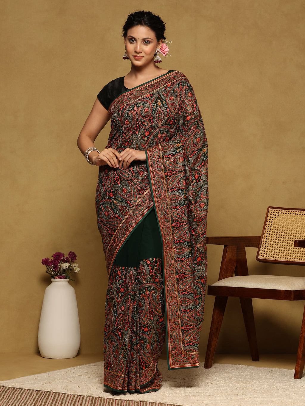 Bottle Green Embroidered Georgette Saree