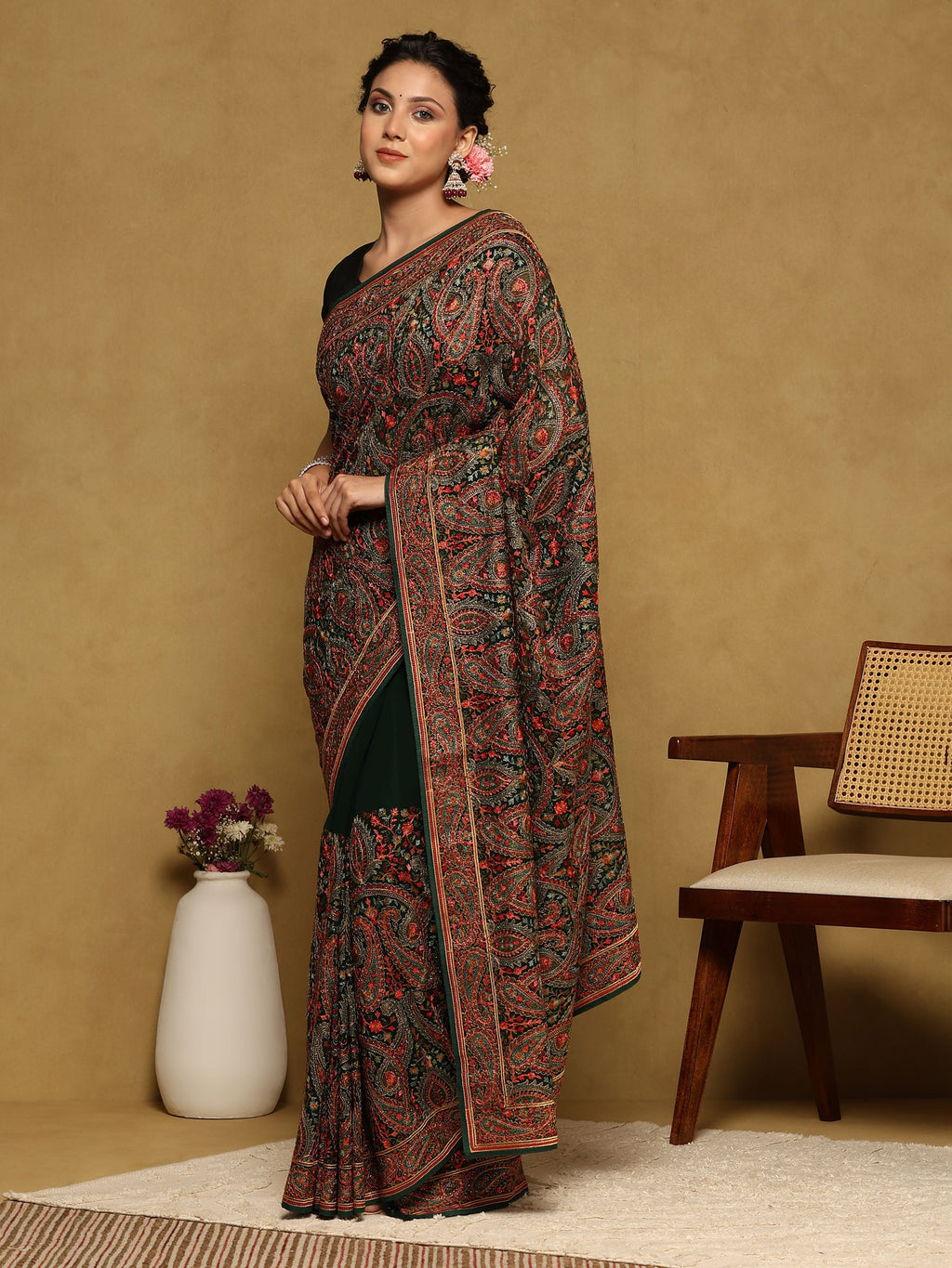 Bottle Green Embroidered Georgette Saree