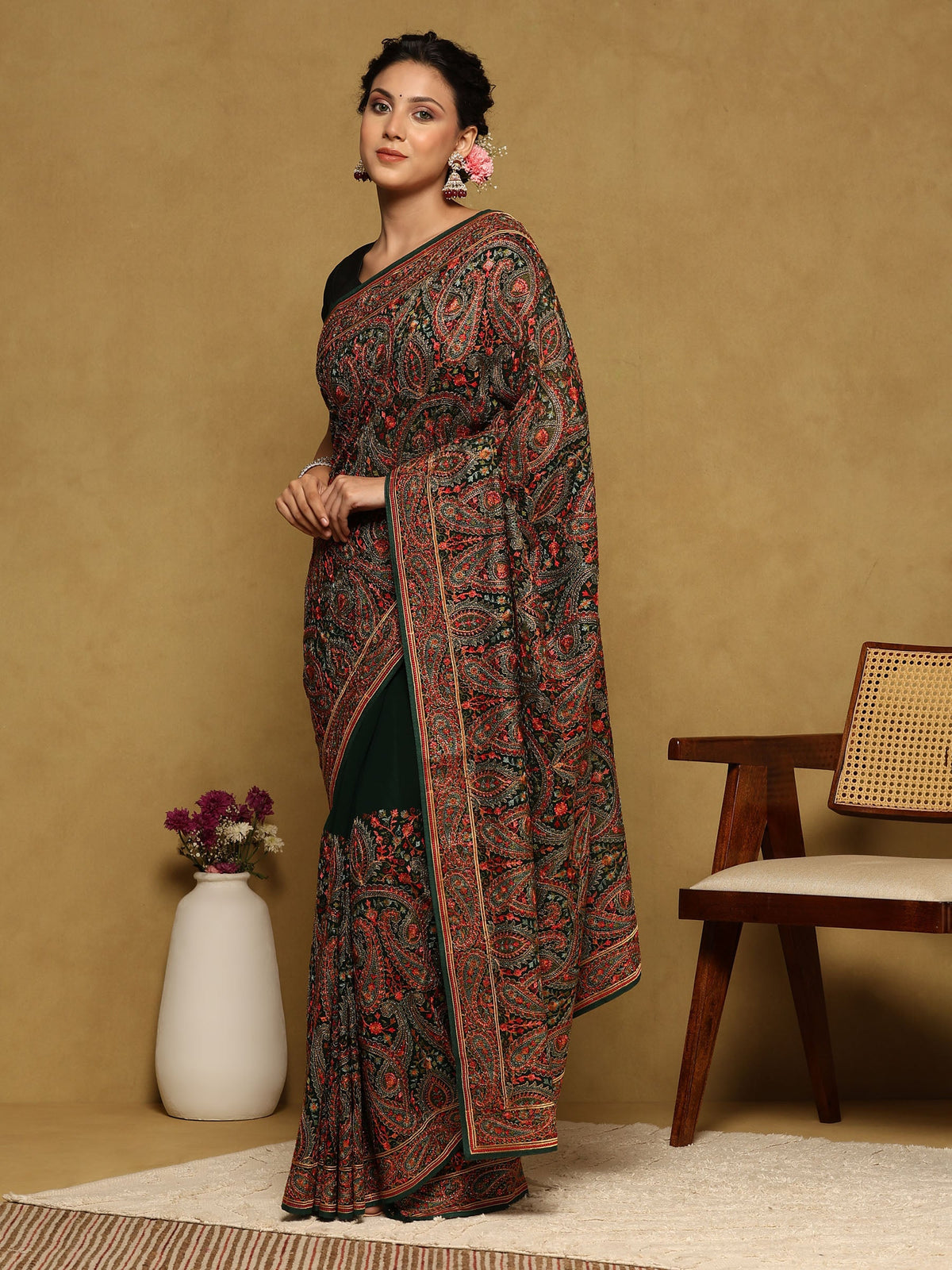 Bottle Green Embroidered Georgette Saree