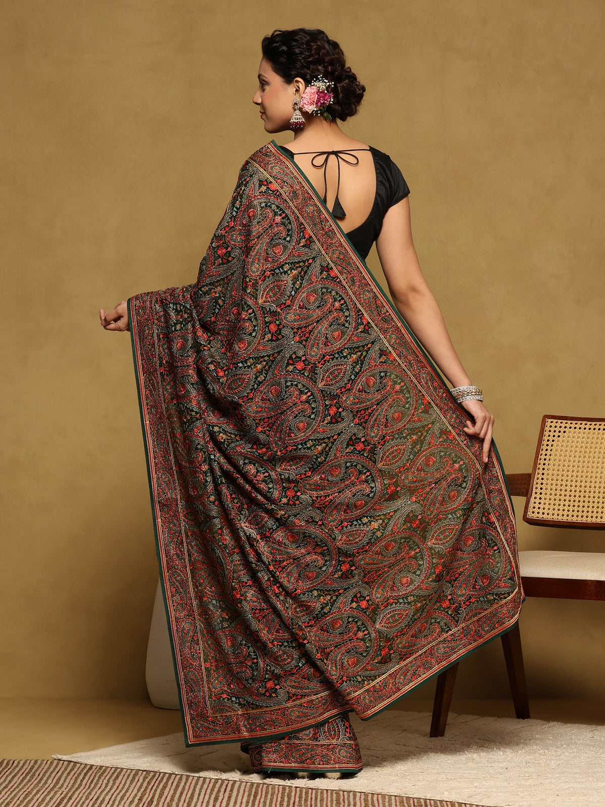 Bottle Green Embroidered Georgette Saree