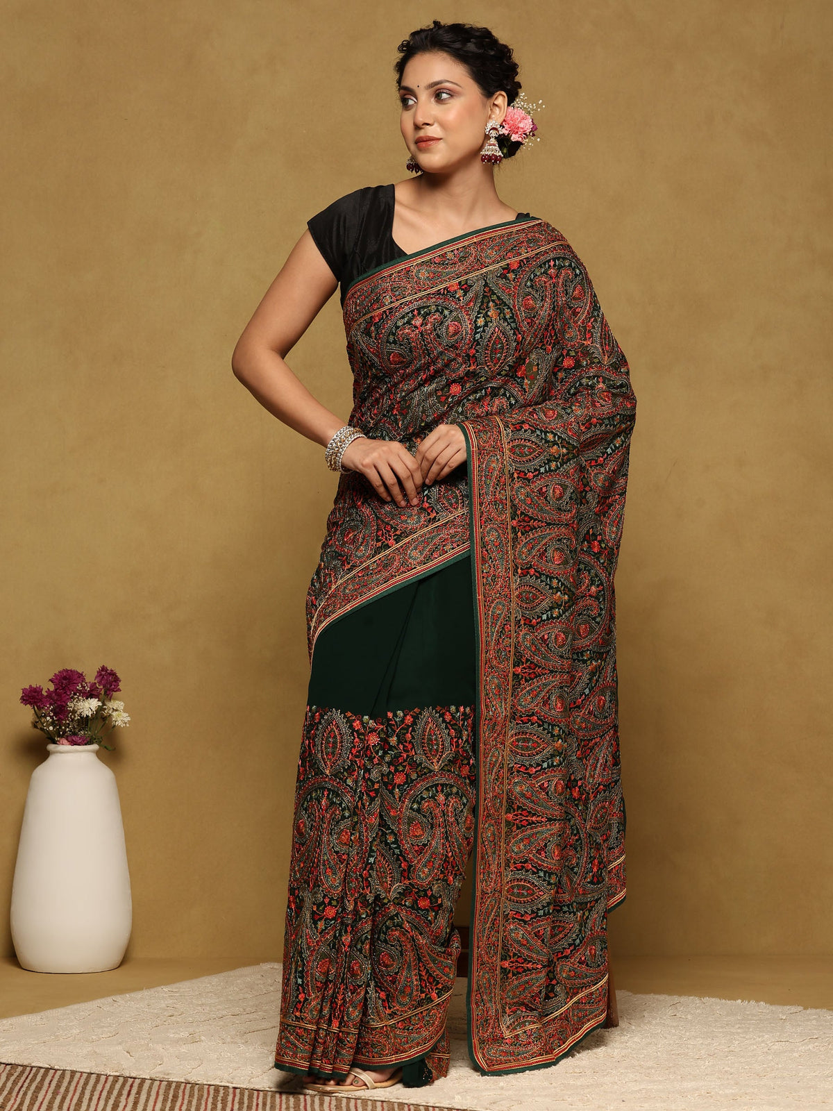 Bottle Green Embroidered Georgette Saree