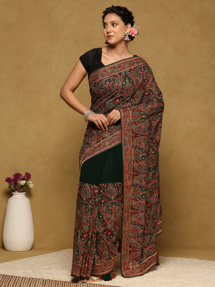 Bottle Green Embroidered Georgette Saree